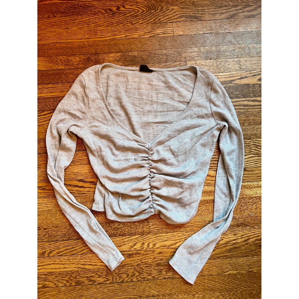 Out From Under Urban Outfitters Grey Waffle Knit Ruched V-Neck Thermal Top Med
